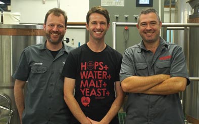 (l-r) Thunder Road’s Marcus Cox, 4 Pines’ Chris Willcock and Boatrocker’s Matt Houghton at Boatrocker Brewery 